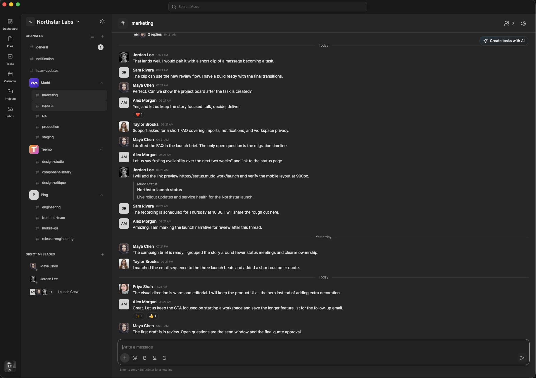 Mudd team chat in the marketing channel