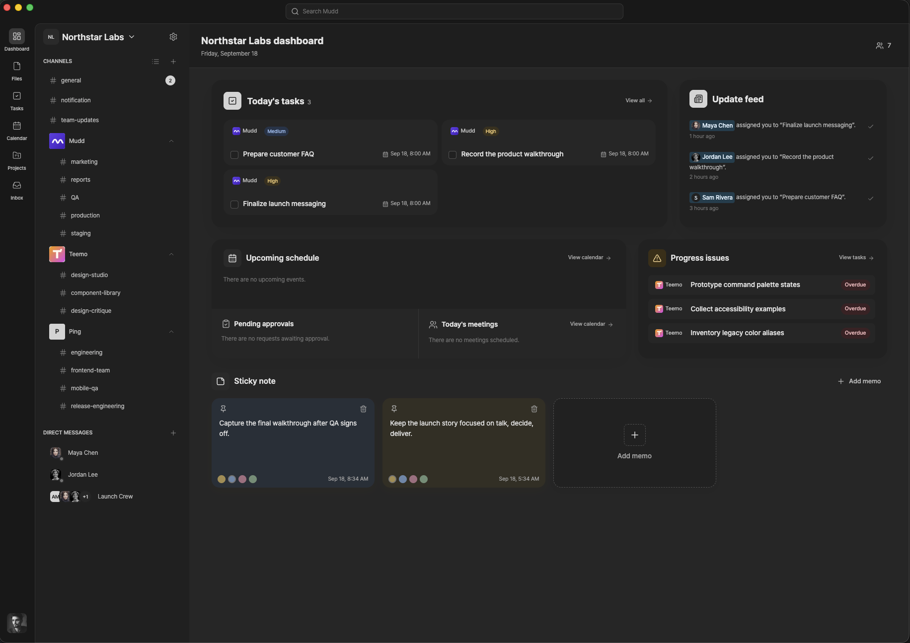 Mudd workspace dashboard with tasks, updates, schedule, and progress issues