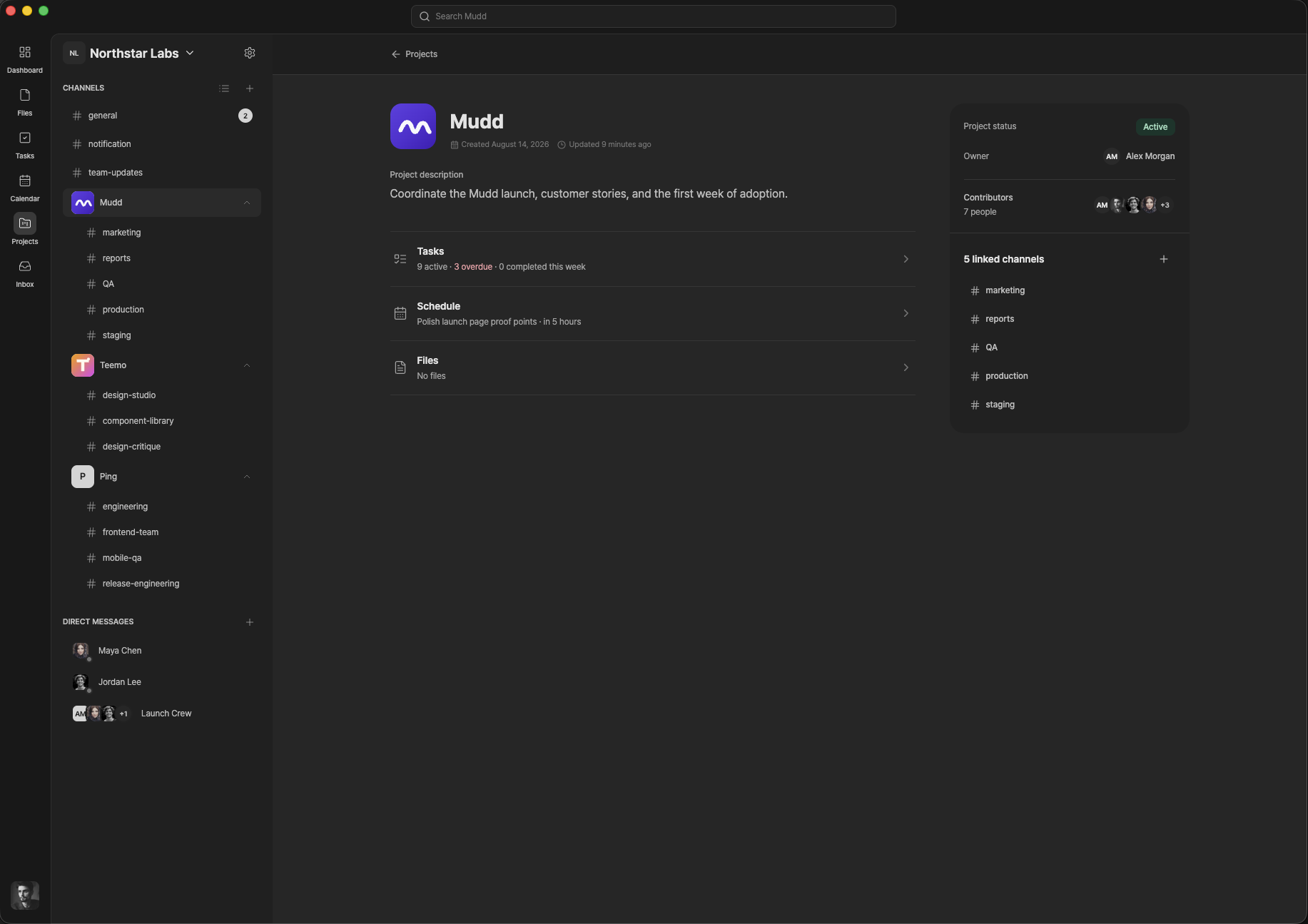 Mudd project detail page with tasks, schedule, files, and linked channels