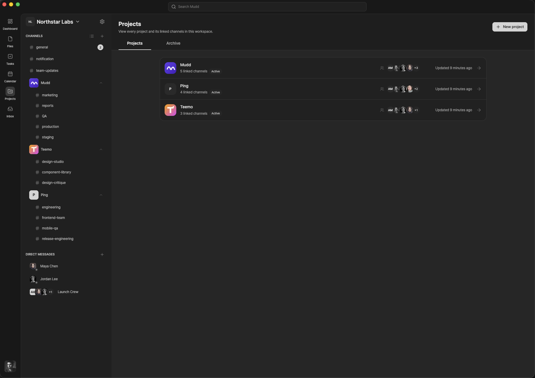 Mudd project list showing linked team channels