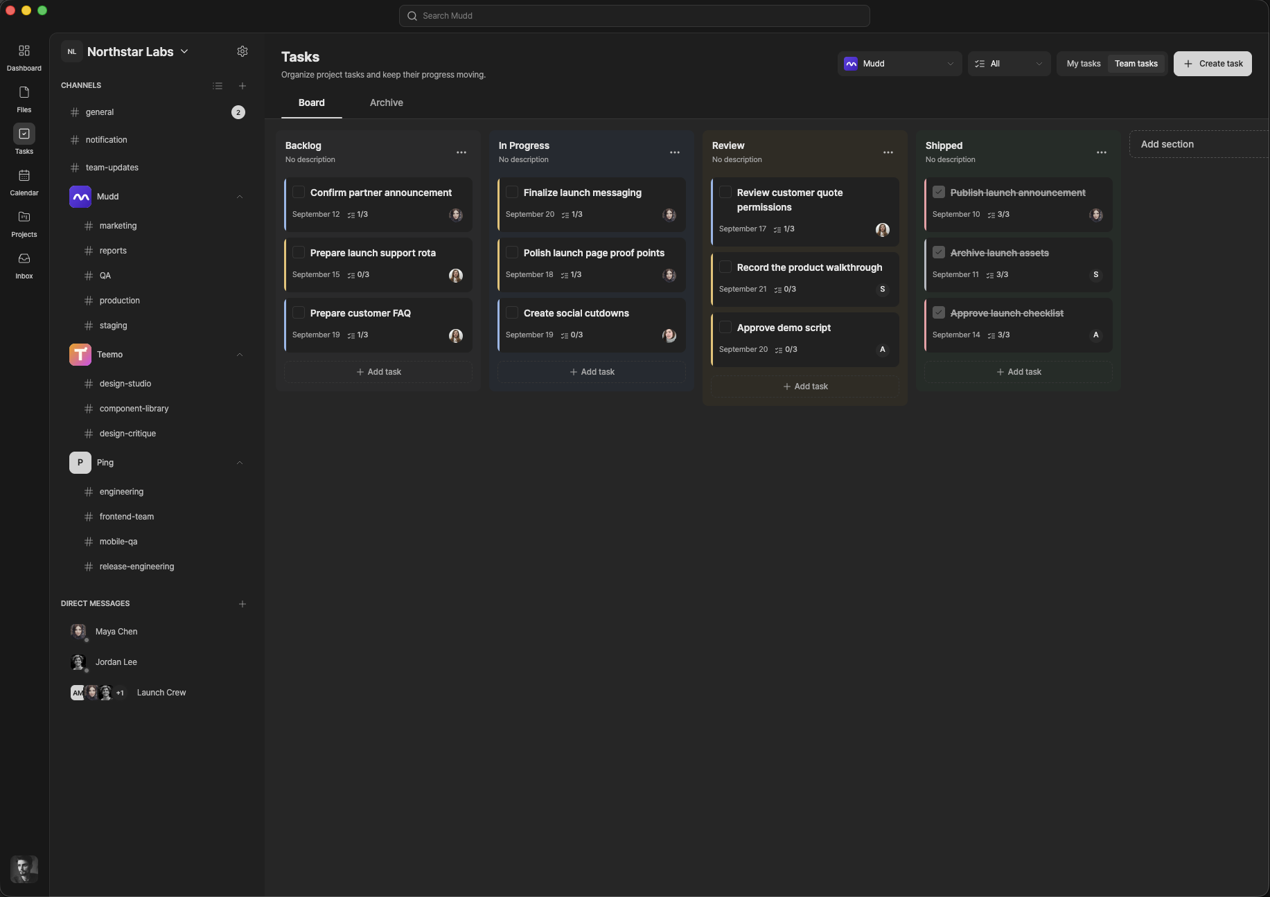 Mudd task board with backlog, in progress, review, and shipped columns